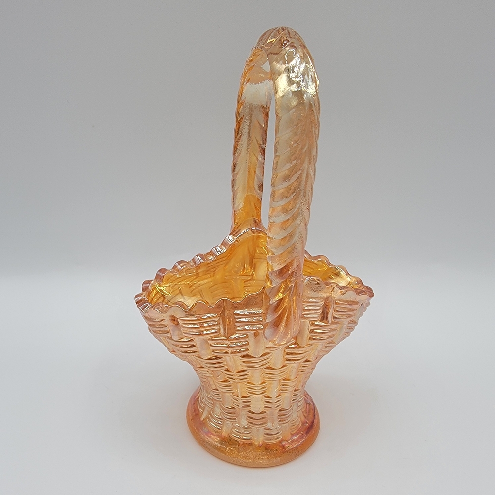 Vintage Amber Marigold Woven Pattern Carnival Glass Basket Decor
